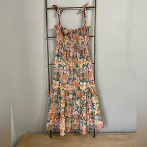 Floral Smocked Midi Dress w Tie Straps